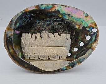 Vintage Jesus Abalone shell The Last Supper Mother Of Pearl Shell Carved