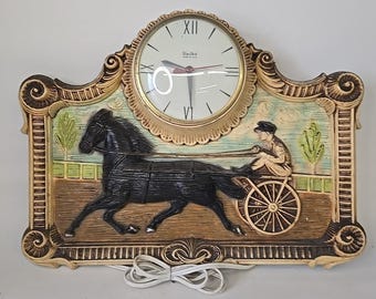 Vintage Wall Clock Horse & Sulky Race Carriage Ornate Gold Frame Working Quartz