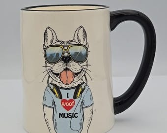SIGNATURE HOUSEWARES Hipster-hond 17,5 oz-mok "I Woof Music" wit zwart handvat