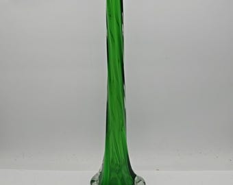 Vtg Hand Blown Swung Glass Vase Kelly Green Modern 1960s MCM 11in Daisy Base