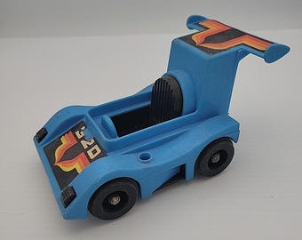Coche de carreras azul Fisher Price n.° 320, vehículo antiguo de 5 pulgadas, 1978, Husky Helpers original.