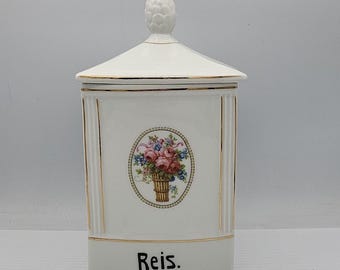 Pote de arroz Reis de cerâmica, fabricado na Checoslováquia, numerado, vintage, floral, branco.