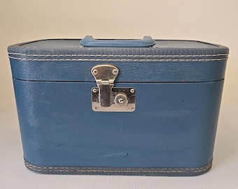 Vintage Travel Train  Carry on Suitcase  Blue Makeup Suitcase W Mirror 14X9X9