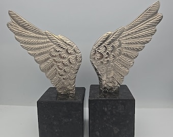 Pair of Silver Angel Wings Bookends on Black Onyx Base - Ornate Sculptural Book