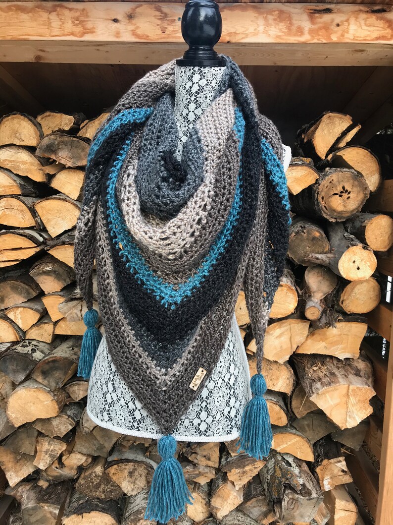 Light Blue Tassled Triangle Scarf Wrap Shawl Tea House Wrap image 2