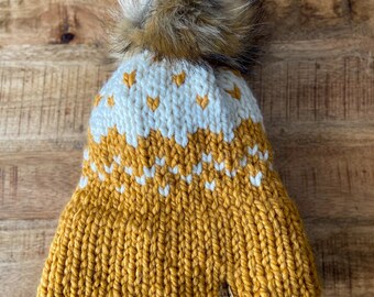 Double Brim Fair Isle Colourwork Knitted Beanie Hat Toque || Mustard Mission Hill Toque