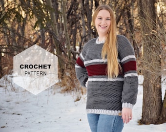 May include: Crochet pattern for a striped sweater in grey, white, and burgundy. The sweater has a round neckline and long sleeves.