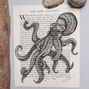 Puede incluir: Dibujo a tinta en blanco y negro de un pulpo con patrones intrincados, sobre una página de libro antiguo titulada "THE NEW ATLANTIS". Dos conchas marinas están colocadas encima de la obra de arte. Firmado por el artista.
