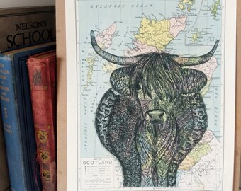 Highland Cow, Scotland map, hairy coo,
