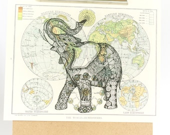 Elephant on World Map, Book Page Art, Book Art Print, Elephant Art, Map Art, World Map, Atlas Art