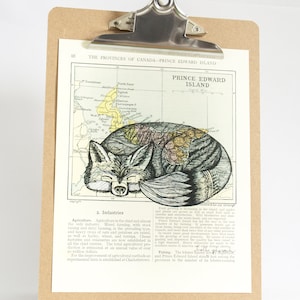 Renard argenté à l'Île-du-Prince-Édouard, impression d'art original à l'encre, art du renard, art canadien, art de la carte, art de la page de livre, renard endormi,