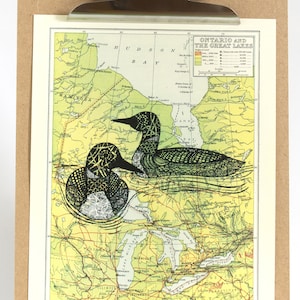 Ontario Karte mit Seetauchern, Drucke von Original Kunst, Canada Kunst, Kunst auf Buchseite, Kartenkunst, Vogel Kunst, Loon Kunst, Loon Call, Karte von Kanada