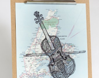 Cape Breton Fiddle, Prints of Original Inked Art, Celtic art, fiddle art, violin art, cape breton, cape breton art, Nova Scotia, map art