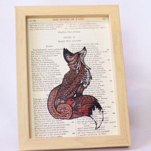 Fox - Print of Ink Drawing on Book Page, fox art, book page art, book art, book art print