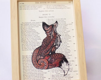 Fox - Print of Ink Drawing on Book Page, fox art, book page art, book art, book art print