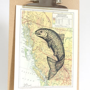 Filigraner Lachs auf BC Vintage Karte, Druck von Original Kunst, Buchkunstdruck, Kartenkunst, Fischkunst, Lachskunst, Kanada Kunst, Buchseite Kunst