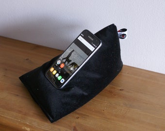 Edge Beanbags Black Velvet Techbed Mini mobile phone beanbag stand for facetime, zoom meetings, iPad mini, kindle, made by us, here, at home