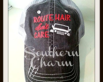 Mail Carrier "Route Hair Don't Care" - Gray Distressed Trucker Hat