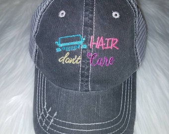 Image with " Hair Dont Care" - Gray Distressed Trucker Hat