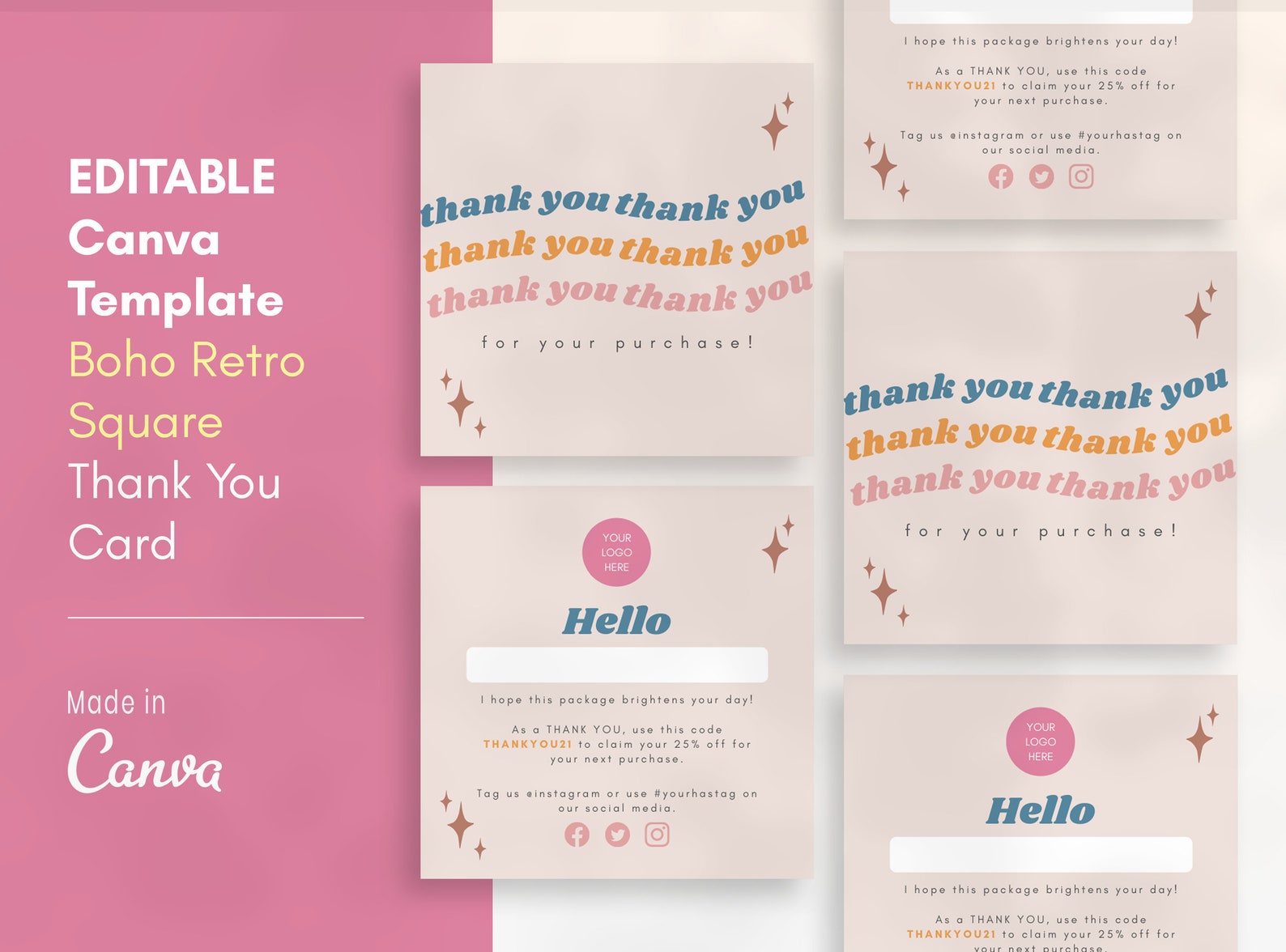 Editable Boho Retro Square Thank You Card Canva Editable Template ...