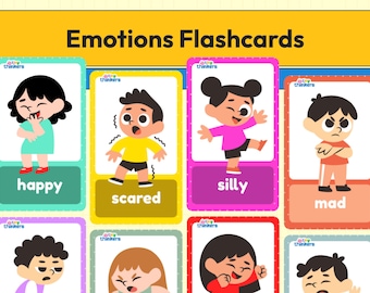 Può includere: Un set di flashcard intitolate "Emotions Flashcards" con illustrazioni di cartoni animati di bambini che esprimono diverse emozioni. Le carte mostrano parole come "felice", "spaventato", "sciocco" e "arrabbiato", ciascuna abbinata a un'immagine corrispondente.
