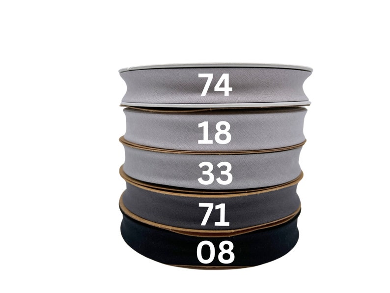 May include: Five spools of gray and black fabric ribbon stacked on top of each other. The numbers 74, 18, 33, 71, and 08 are printed on the spools.