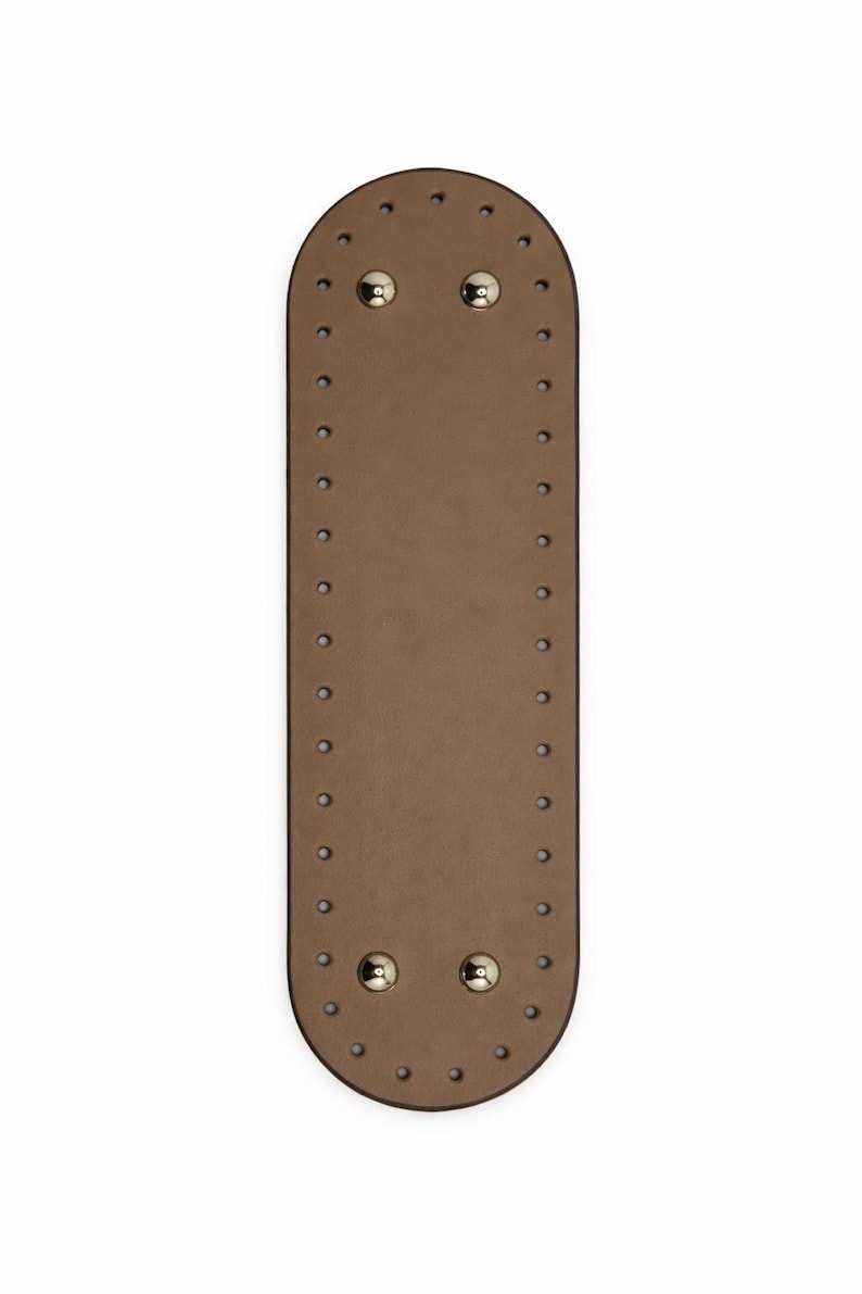 Op de afbeelding: Een langwerpige, ovaalvormige beige basis met afgeronde uiteinden, voorzien van een reeks gelijkmatig verdeelde gaatjes langs de gehele omtrek. Twee gepolijste goudkleurige metalen noppen zijn geplaatst nabij de bovenkant en twee onderaan.