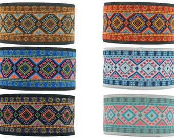 May include: Six different patterned fabric trims with geometric designs in various colors, including blue, red, orange, pink, and green. The trims are all approximately 1 inch wide.