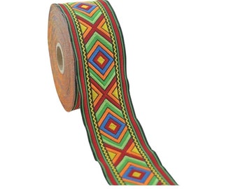 May include: A roll of colorful trim with a geometric pattern featuring red, yellow, green, blue, and orange. The trim has a black background and is woven with a diamond and zig-zag pattern.