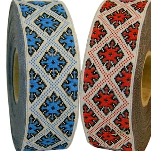 Può includere: Due bobine di nastro in tessuto bianco con motivi geometrici neri, rossi e blu. Il nastro è arrotolato su una bobina marrone.