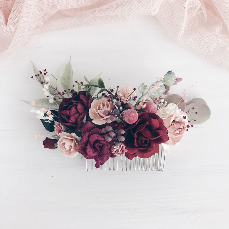 Flower Hair comb Wedding flower hair clip Burgundy flower Etsy