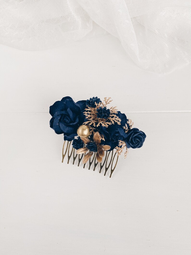 Flower hair comb Navy blue flower hair pins Dark blue flower Etsy