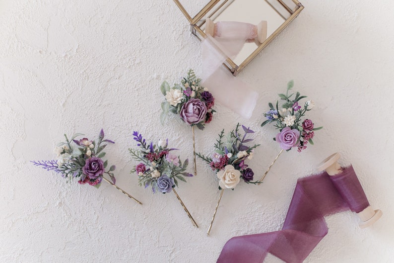 Lilac flower hair comb Wrist corsage and boutonni\u00e8re Flower hair pins flower hair clip Lavender boutonni\u00e8re Flower hair comb
