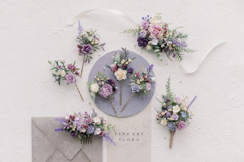 Lilac flower hair comb Wrist corsage and boutonni\u00e8re Flower hair pins flower hair clip Lavender boutonni\u00e8re Flower hair comb
