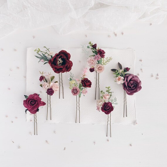 Flower Hair Pins Wedding Flower Pins Burgundy Bridal Hair Etsy