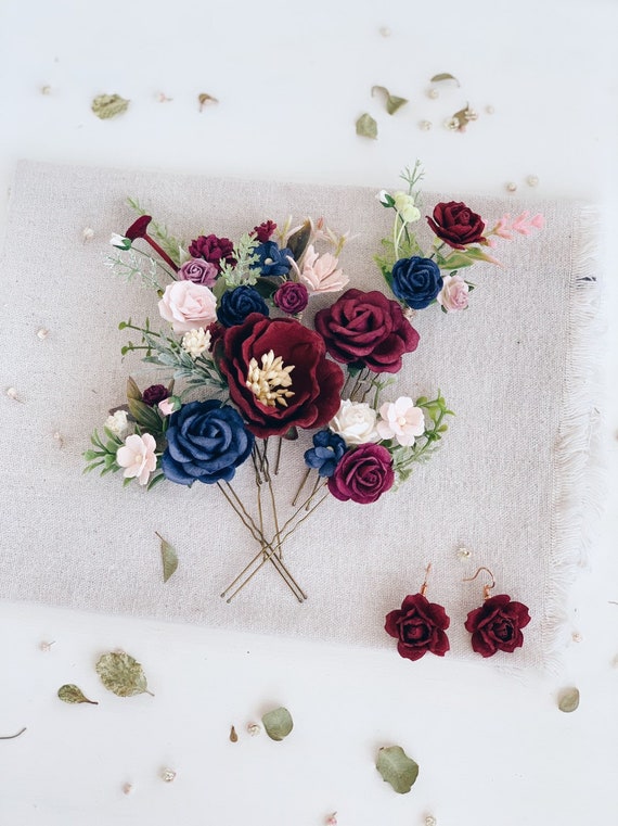 Flower Hair Pins Burgundy Flower Hair Piece Navy Flower Hair Etsy
