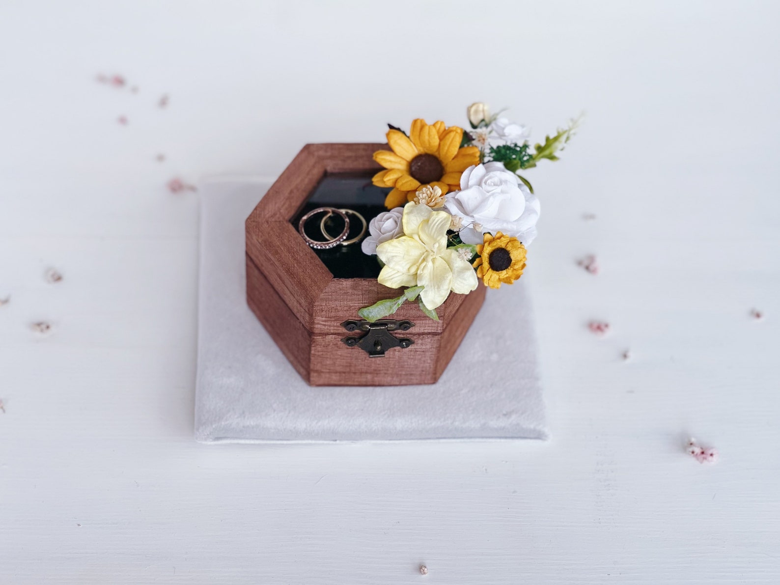 Wedding ring bearer box Sunflower rustic Glass Ring Bearer