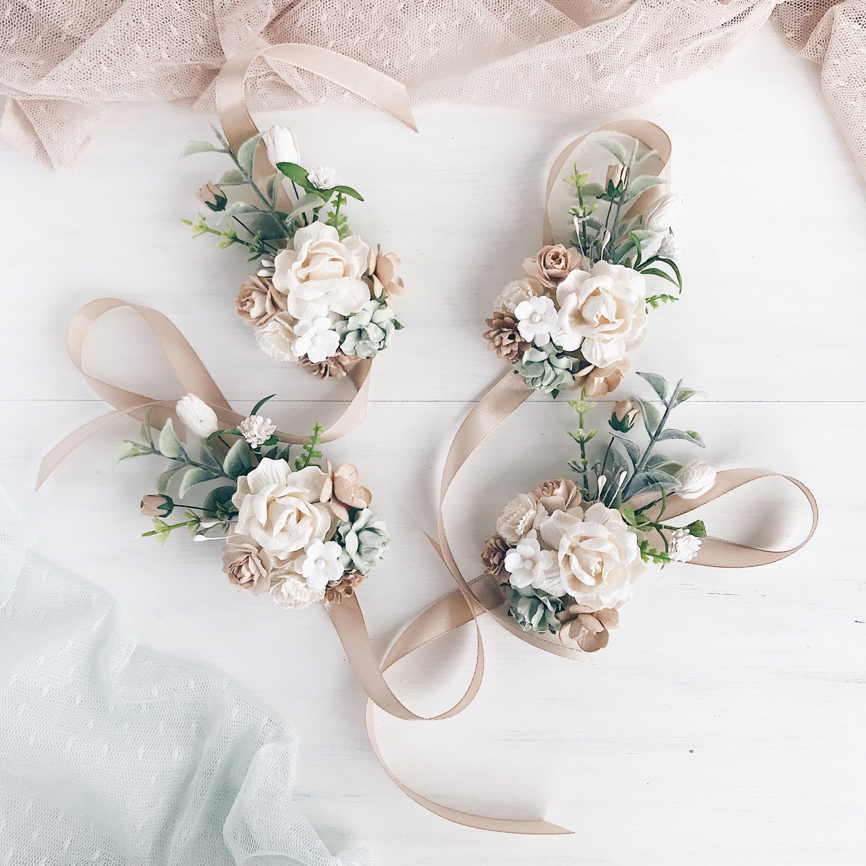 Flower wrist corsage Sage green bridesmaids corsage White Etsy