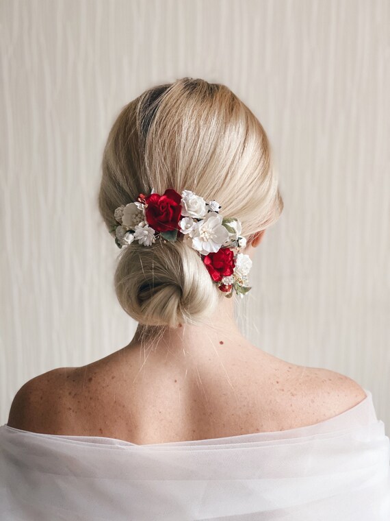 Flower Hair Comb Red Flower Hair Comb Flower Hair Etsy