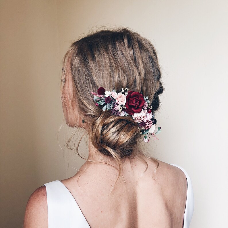 Flower hair comb Wedding flower hair comb Burgundy Flower Etsy