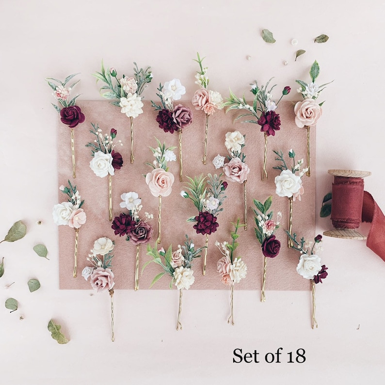 Flower hair pins Burgundy flower hair pins Bridal hair Etsy