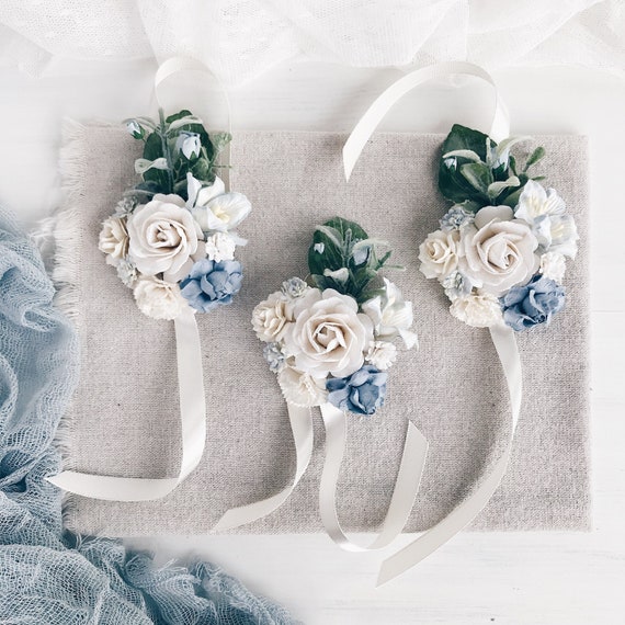 Blue Flower wrist corsage Blue Bridal bracelet bridesmaids | Etsy