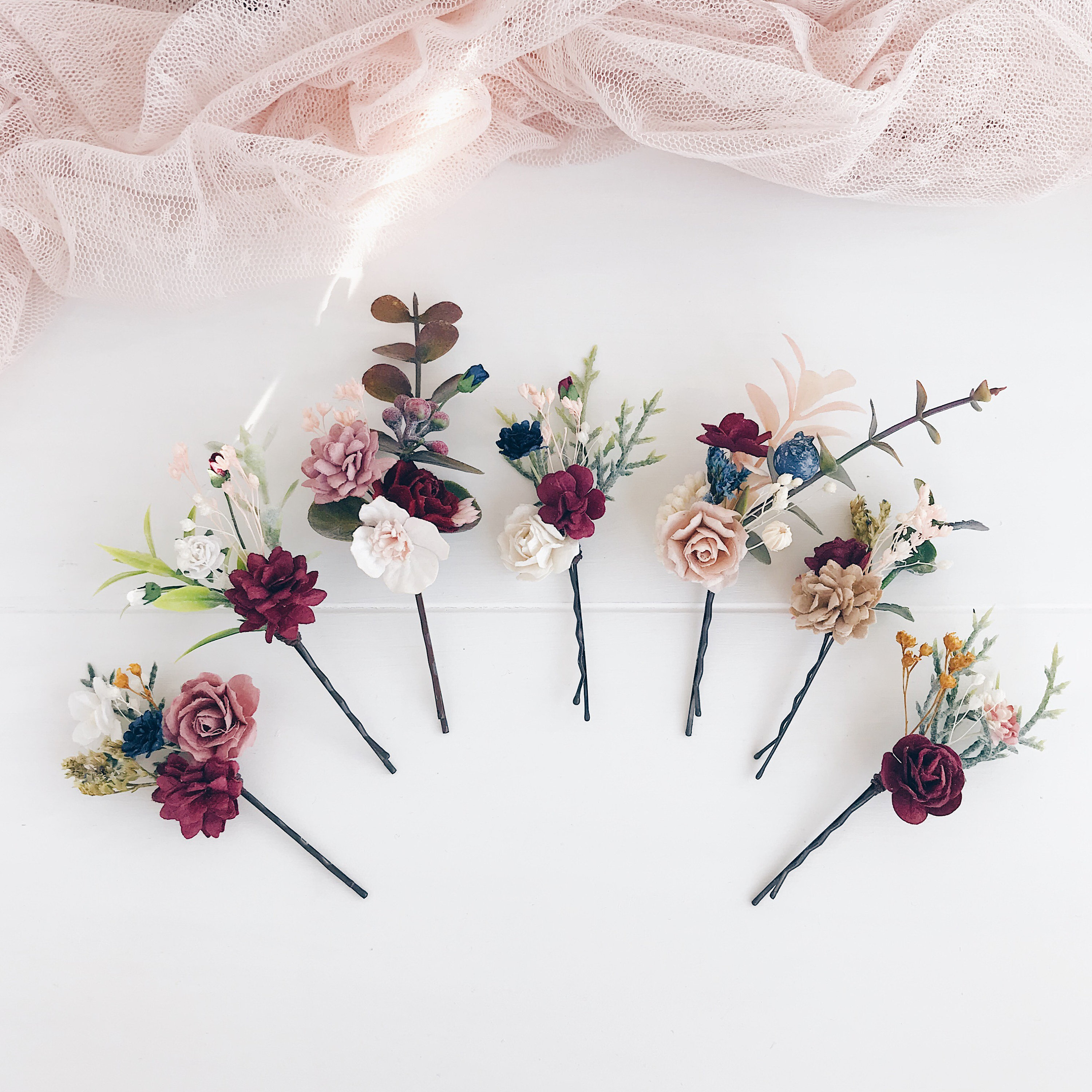Flower hair pins Burgundy flower Hair pins Set of Flower Etsy