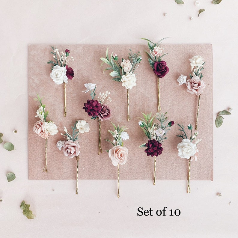 Flower hair pins Burgundy flower hair pins Bridal hair Etsy