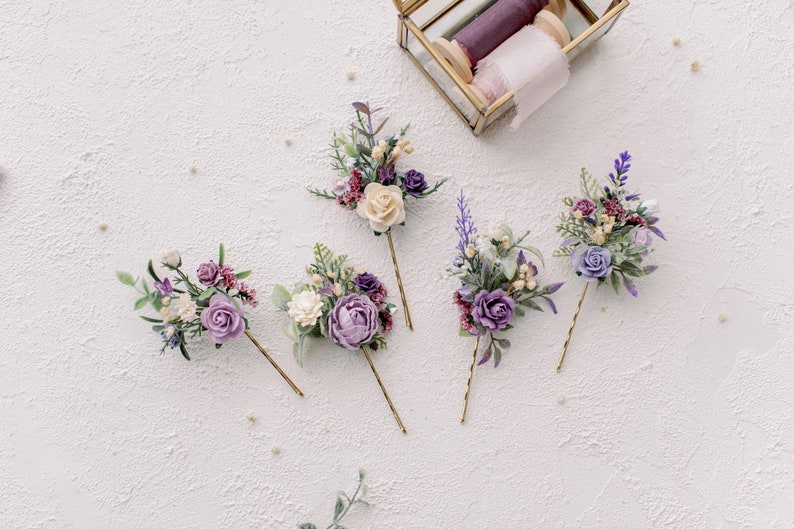 Lilac flower hair comb Wrist corsage and boutonni\u00e8re Flower hair pins flower hair clip Lavender boutonni\u00e8re Flower hair comb