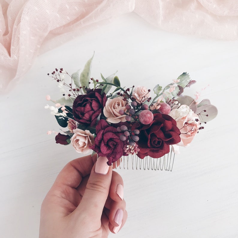 Flower Hair comb Wedding flower hair clip Burgundy flower Etsy