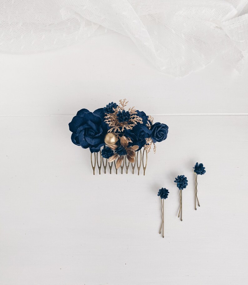 Flower hair comb Navy blue flower hair pins Dark blue flower Etsy