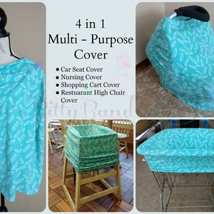 Puede incluir: Una funda multiusos turquesa con un dise&ntilde;o de plumas blancas, mostrada en un maniqu&iacute;, un asiento de coche, una trona y un carrito de la compra. La imagen incluye el texto "4 in 1 Multi-Purpose Cover".