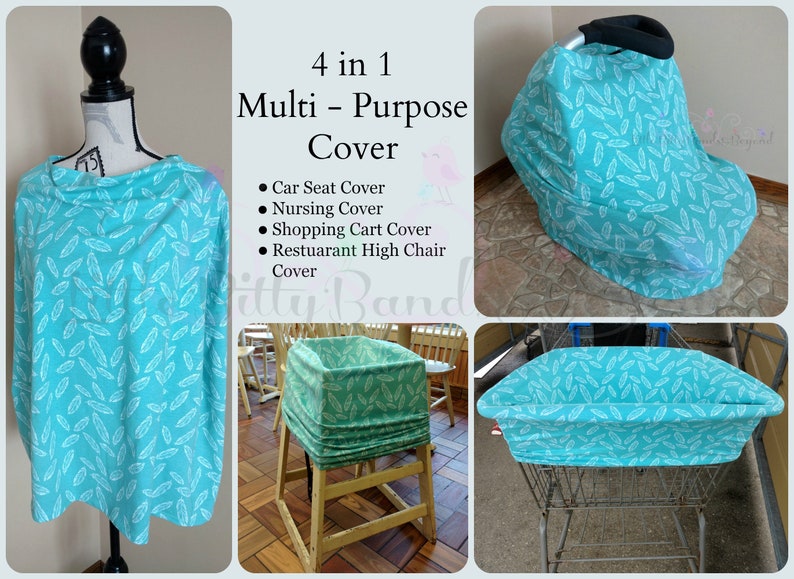 Puede incluir: Una funda multiusos turquesa con un dise&ntilde;o de plumas blancas, mostrada en un maniqu&iacute;, un asiento de coche, una trona y un carrito de la compra. La imagen incluye el texto "4 in 1 Multi-Purpose Cover".