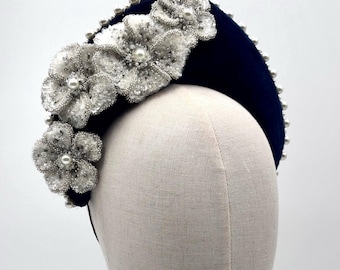 Blue Velvet Headband with Pearl Flowers, Navy Padded Hairband, Embellished Floral Headpiece, Party Hair Accessory, Wedding Guest Headband.